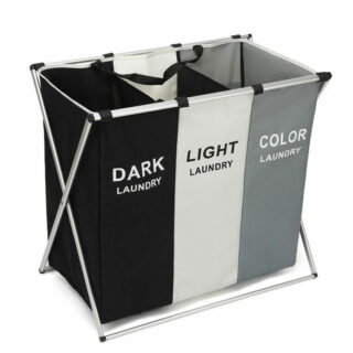 Panier à linge 3 compartiments pliable noir blanc et gris avec des écriture en anglais dessus.