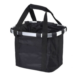 panier pour avant de vélo noir avec sangles sur fond blanc