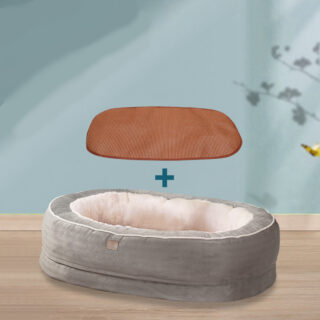 Panier orthopédique pour chien dans une pièce avec du parquet au sol et des murs bleus avec un tapis ovale marron sur le dessus du panier