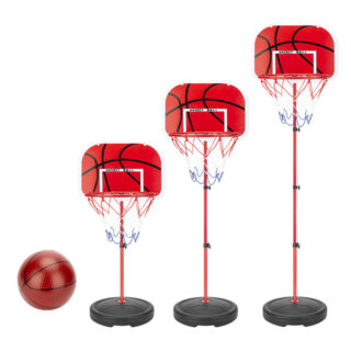3 paniers de baskets rouge sur pied sur 3 hauteurs différentes réglables avec un ballon