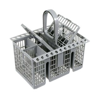 Panier gris pour lave-vaisselle sur fond blanc.