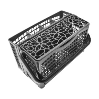 Panier gris rectangulaire avec des motifs fleurs sur fond blanc.