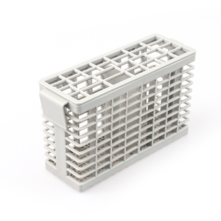 Panier blanc rectangulaire pour lave-vaisselle sur fond blanc.