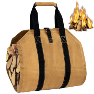 Sur fond blanc, un panier beige pliable ouvert sur les cotés avec bûches de bois apparentes avec sangles et poignées noires renforcées, En haut à droite, il y a un feu de cheminée.