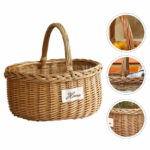 Panier en osier avec une anse sur fond blanc. On voit également des vignettes avec des détails du panier.