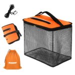 Panier de pêche flottant de couleur orange ici avec un cordon et un sac sur un fond blanc.