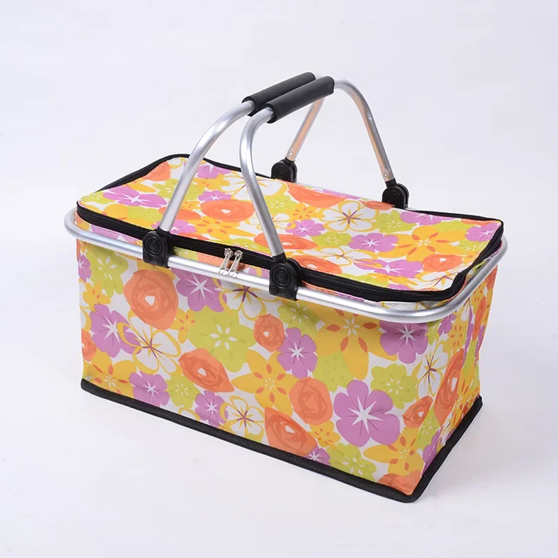 Panier isotherme multicolore avec imprimé floral sur fond gris