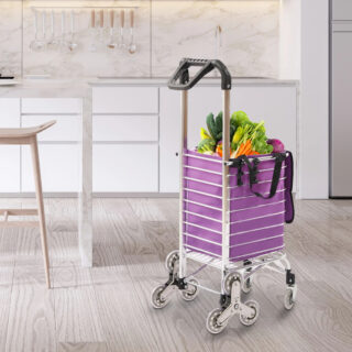 Panier à roulette moderne et violet en aluminium dans une pièce avec un tabouret